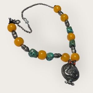 Vintage Tibetan Style Faux Amber Turquoise Silver Alloy Dragon Medallion